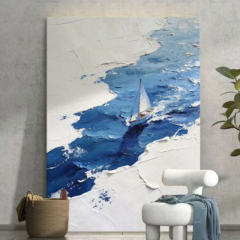 Modern Pure Handmade Abstract Oil Painting Blue Sailboat Thick Texture Poster For Living Room Wall Art Hanging Mural Living Room