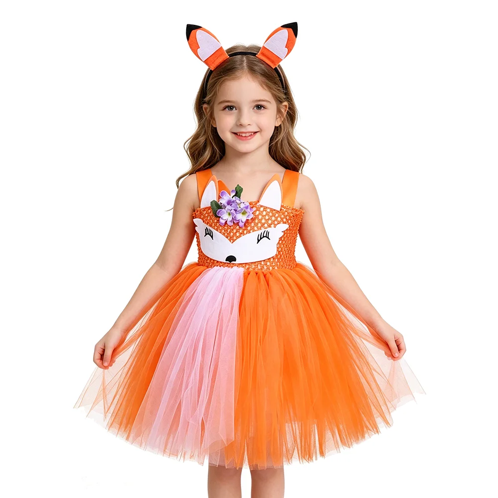 Girls Orange Fox Tutu Dress with Ears Headband Kids Jungle Animal Party Costumes for Halloween Carnival Party Disguise Outfit