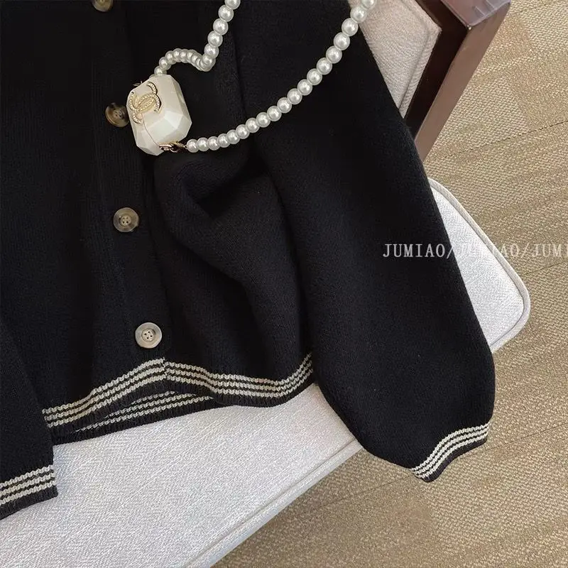 Kimotimo Contrast Color Sailor Collar Sweater Coat Women French Preppy Style Loose Long Sleeve Cardigan Retro Office Knitted Top