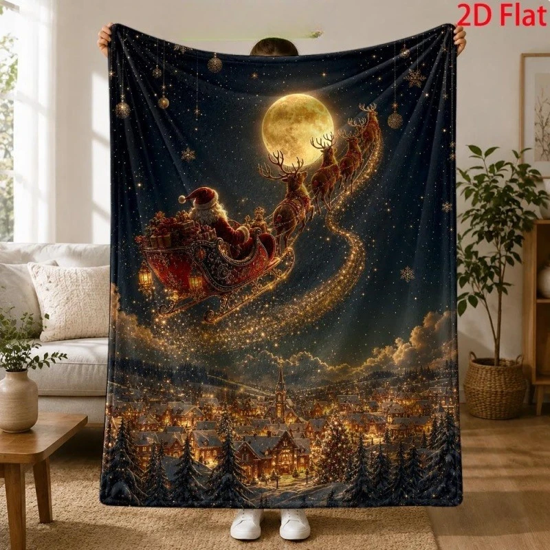 Santa Sleigh Reindeer Night Moon Print Throw Blanket, Snowy Town Starry Sky Xmas Festival Home Throw Blanket