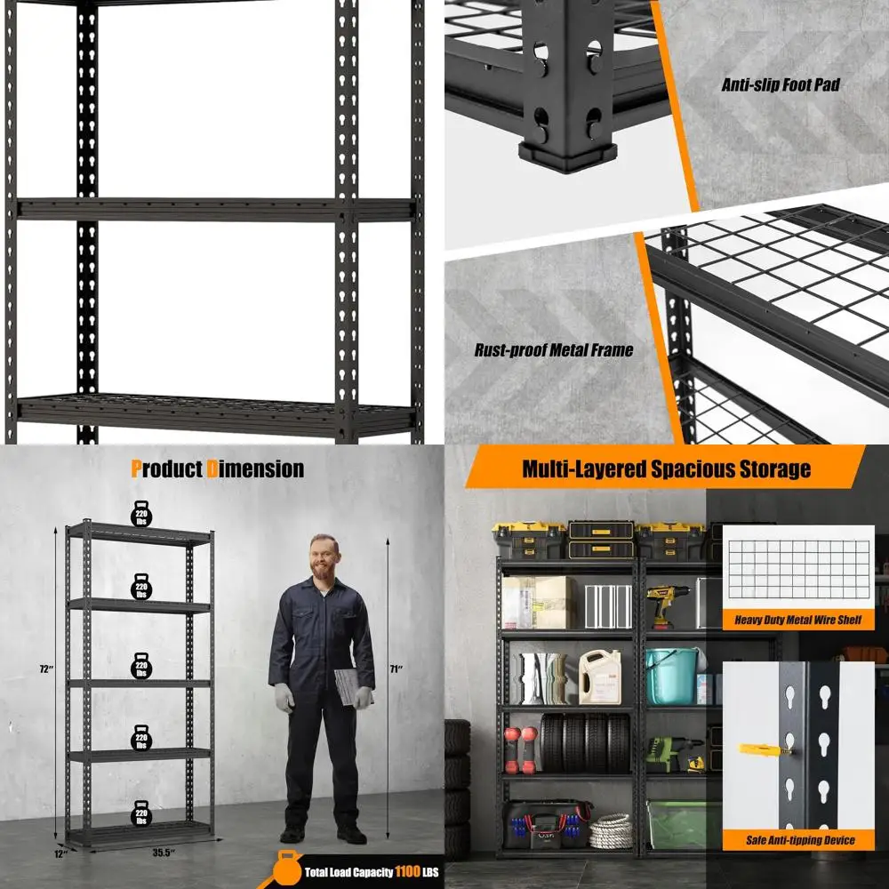 

5-Tier Adjustable Metal Utility Rack, 35.5x12x72, Anti-Tip, Heavy-Duty Storage Shelf for Garage, Kitchen, Black