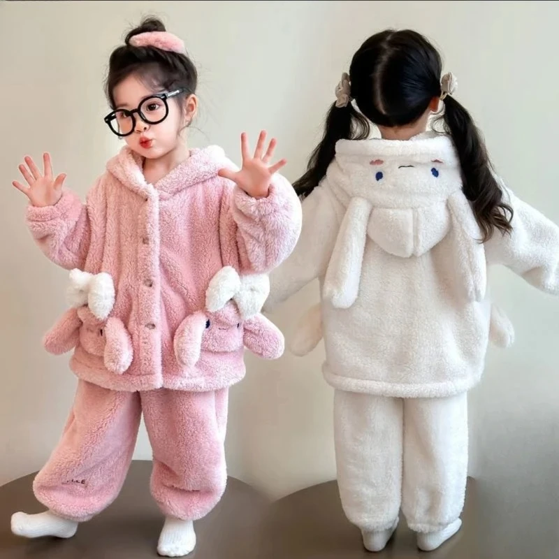 

Kids Bunny Pajama Set, Girls Fleece Hooded Sleepwear with Cartoon Print, Winter Loungewear