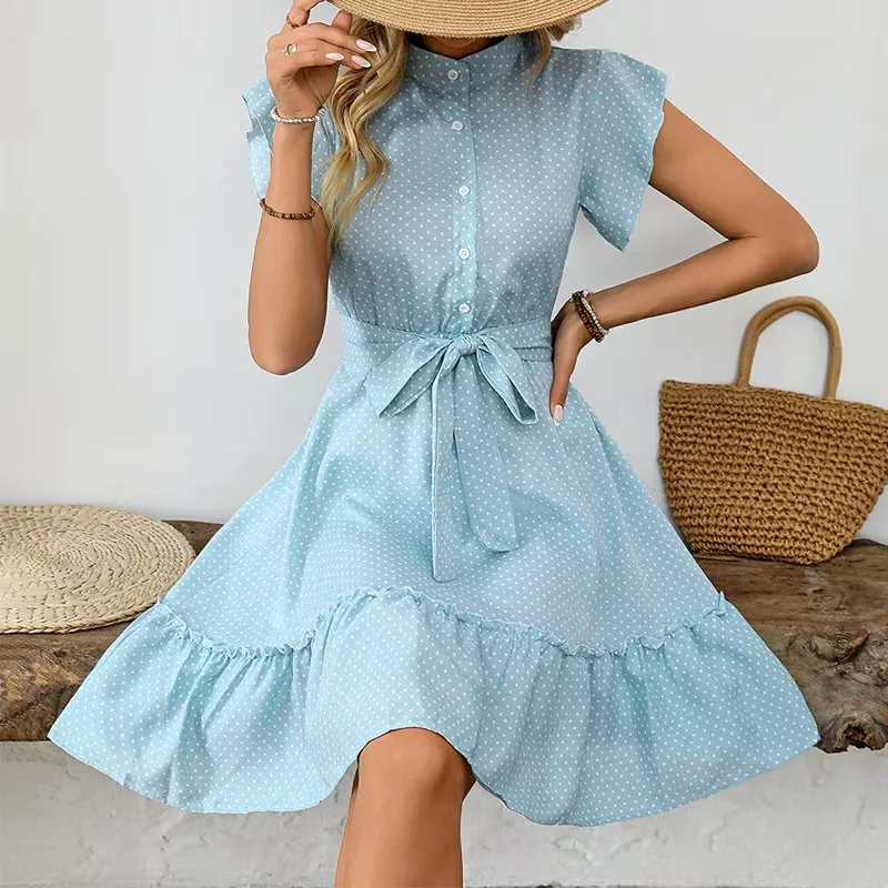 

Elegant Ruffle Sleeve Dress Knee-Length Skirt Lace-Up A-Line Skirt