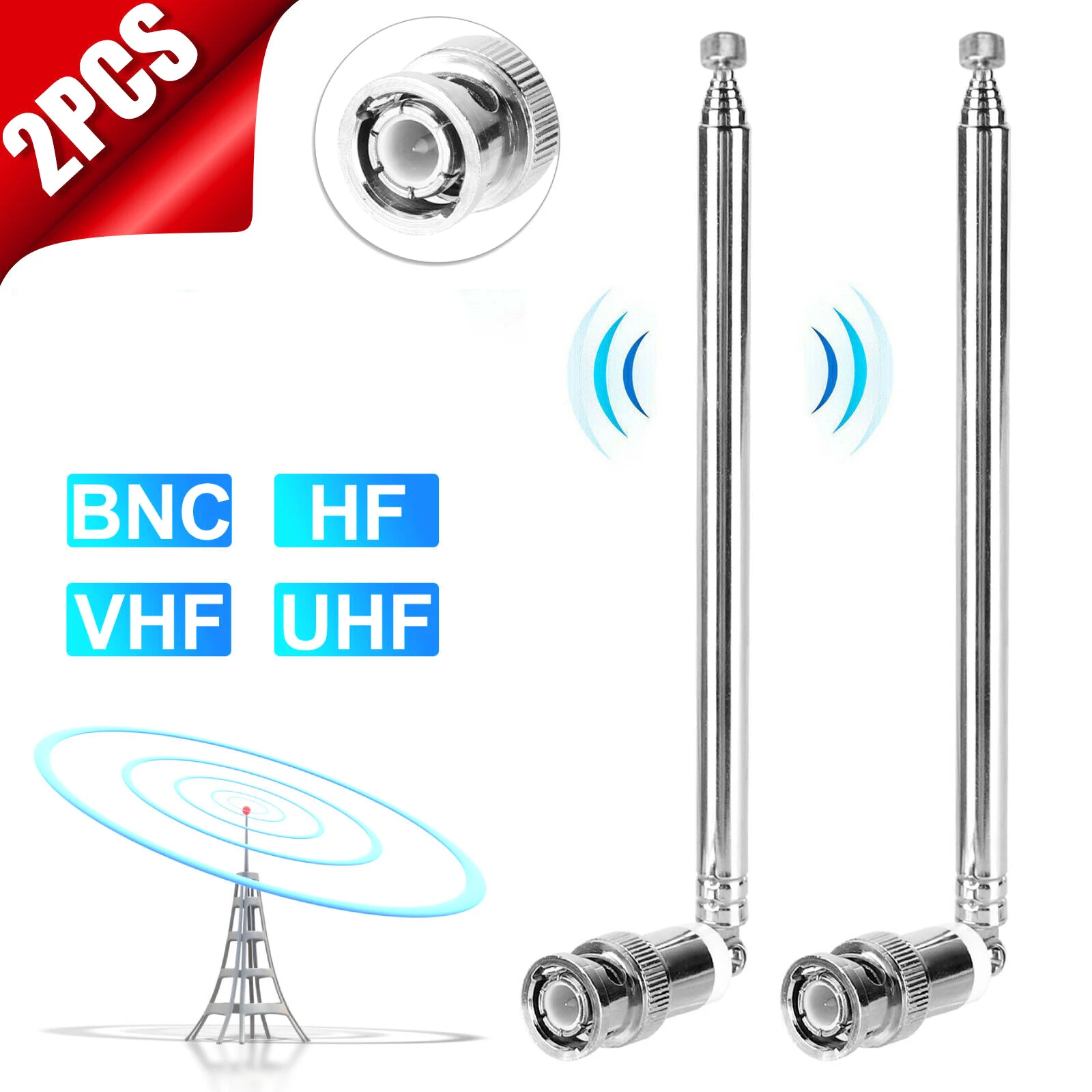 2Pcs BNC Antennas 25MHz - 1300MHz 7-Section Telescopic Antenna BNC Male Connector Antenna 740mm For Radio Scanner/VHF/UHF/AM/FM