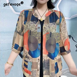 Women Geometric Floral Print Retro Cotton Linen Button Shirts Summer Fashion Loose Half Sleeve Blouse Casual Ladies Tops Blusas