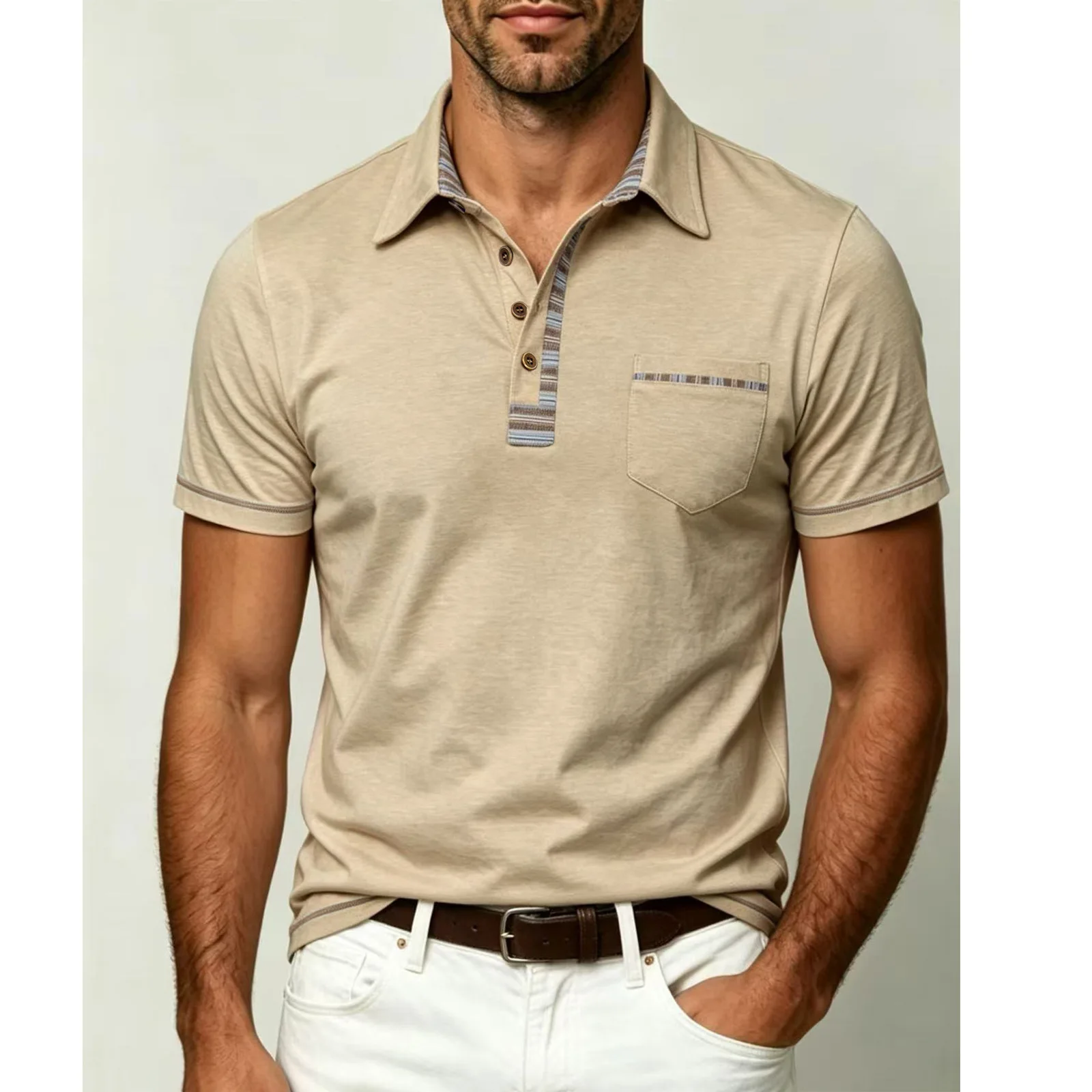 2026 Summer Men's Striped Color-Block Collar Pocket Business Casual Short-Sleeve Polo Shirt