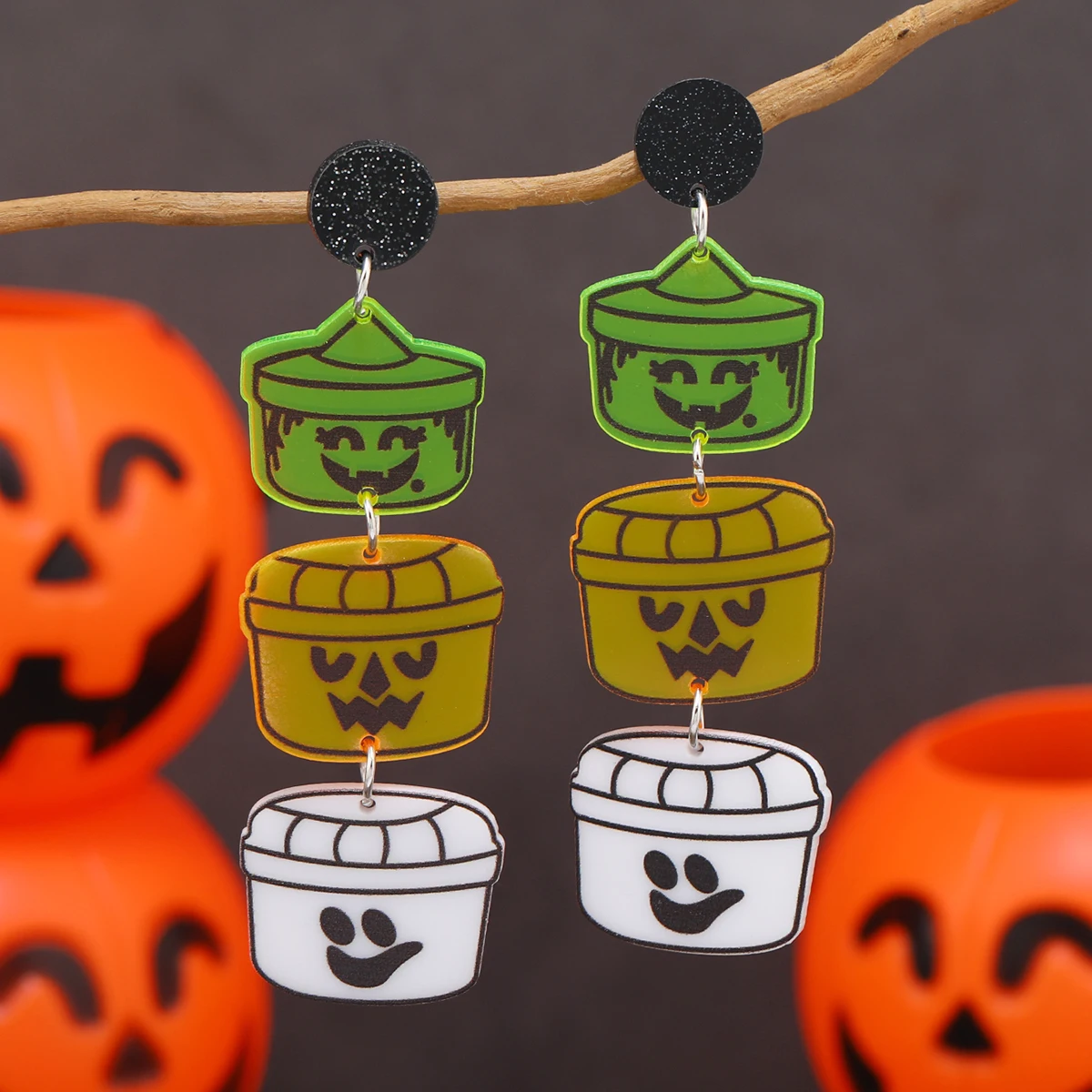 European and American acrylic sweet and cute long Halloween horror pumpkin lamp bat ice cream earrings and pins