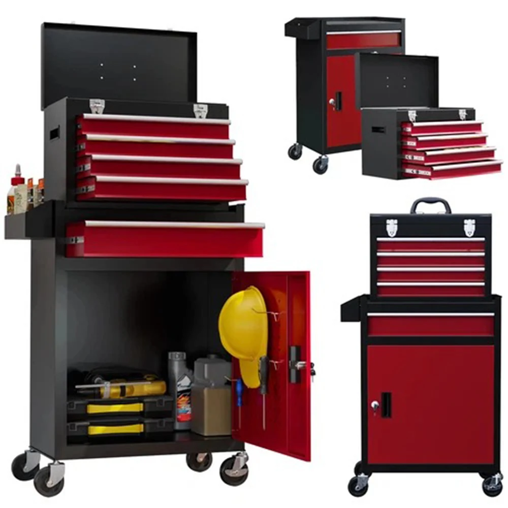 5-drawer Rolling Tool Cabinet Two-piece Tool Storage Chest On Wheels - Black/red