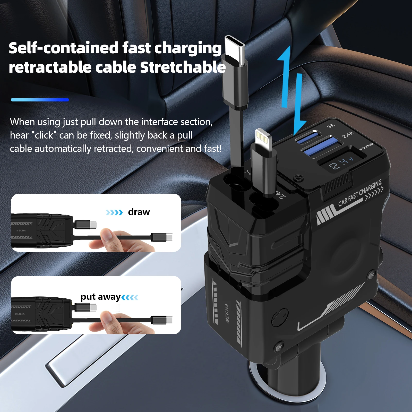 100w Super Fast Charger 4 IN 1 Car Charger with Retractable Cable and USB & Type-C Port Adapter Compatible with Apple & Android