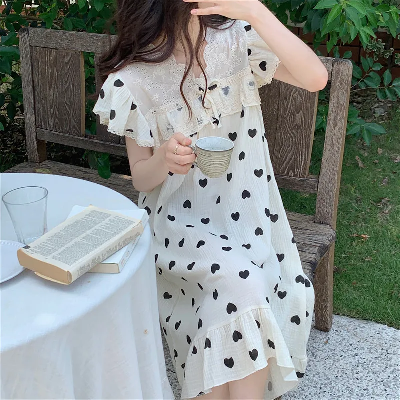 Black Heart Print Summer Nightgown Women Square Collar Long Sleepwear Cotton Night Dress Loose Ruffles Lace Patchwork Homewear