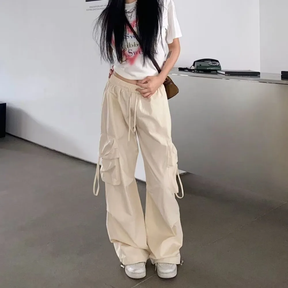 Drawstring Wide Leg Sweatpants Y2K Oversized Baggy Cargo Pants High Waisted Multi-pockets Women Joggers Trousers Streetwear