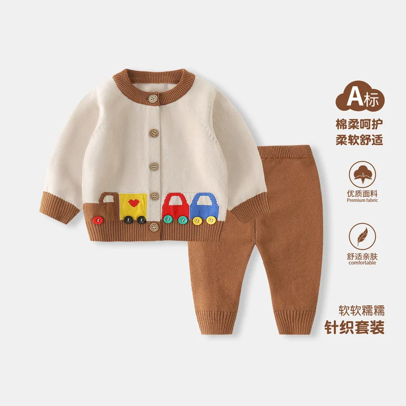 Baby knitted set, new spring/autumn collection, featuring a cartoon car pattern, a two-piece outfit consisting of a cardigan and