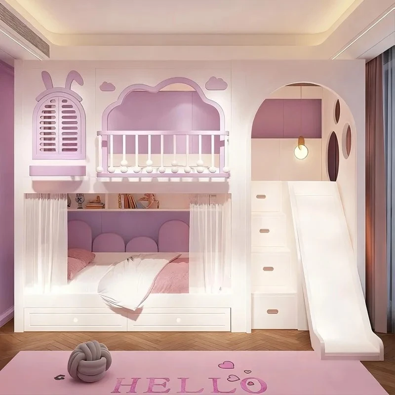 Pink Princess Children's Bunk Bed with Slide & Storage Drawers - Modern Double Deck Bed for Girls Bedroom Bed for Girls Berços