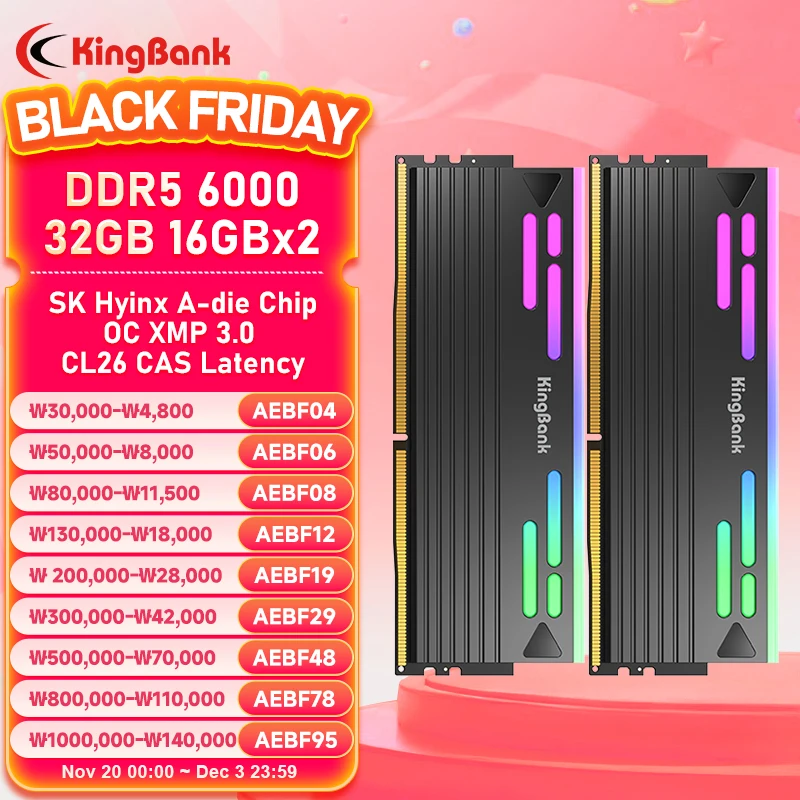 

KingBank 32GB DDR5 16GBx2 6000MHz Black RGB Memory Kit Hynix a Die CL26 Overclocking RAM Module for High Performance Systems