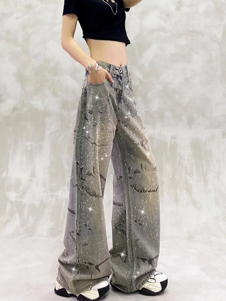 

Diamond Jeans for Women Shiny High Waist Loose Wide Leg Denim Pants Blue Rhinestone Mopping Pant Streetwear Fashion Trousers