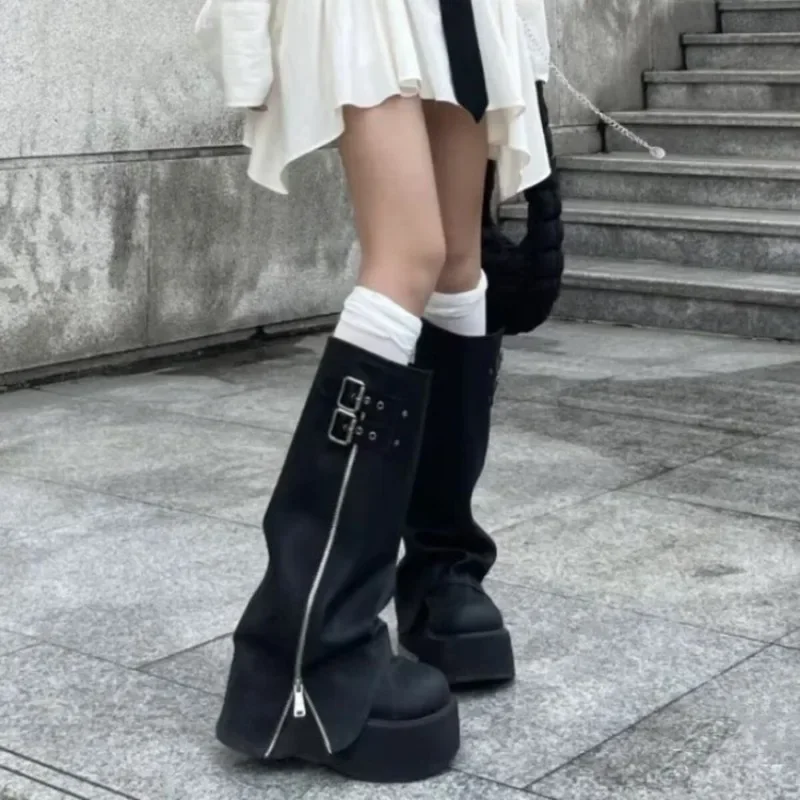 Winter Women Biker Boots Fashion Belt Buckle Ladies Platform Wedge Heel Long Pipe Booties Casual Women's Knee High Booties Q121