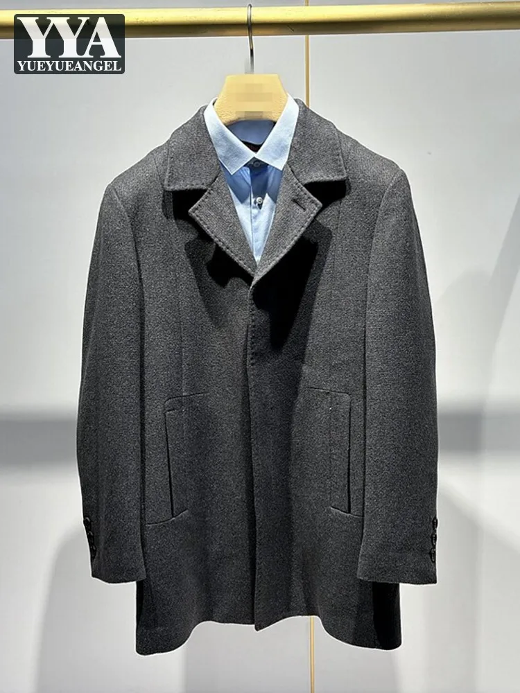 Men Business Grey 100% Wool Jacket Single Breasted Turndown Collar Long Sleeves Coat Casual Male Winter Mid Long Length Outwear