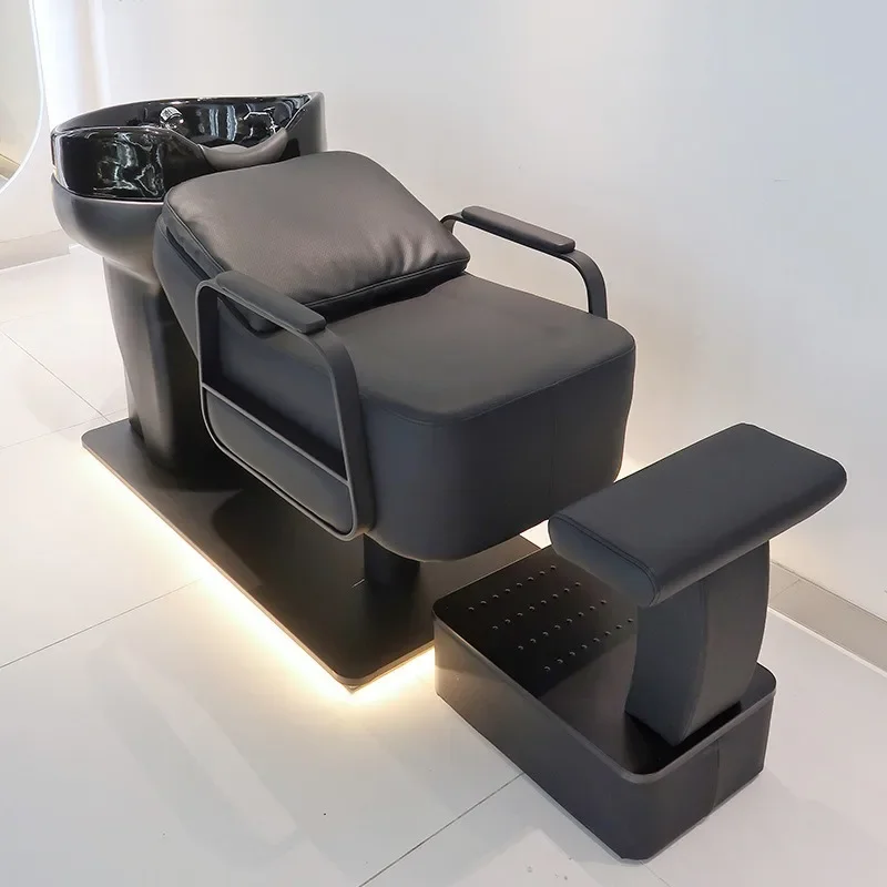 

High-end barber shop shampoo bed, semi-reclining type Internet celebrity hair salon, ceramic deep basin flushing bed, hair salon