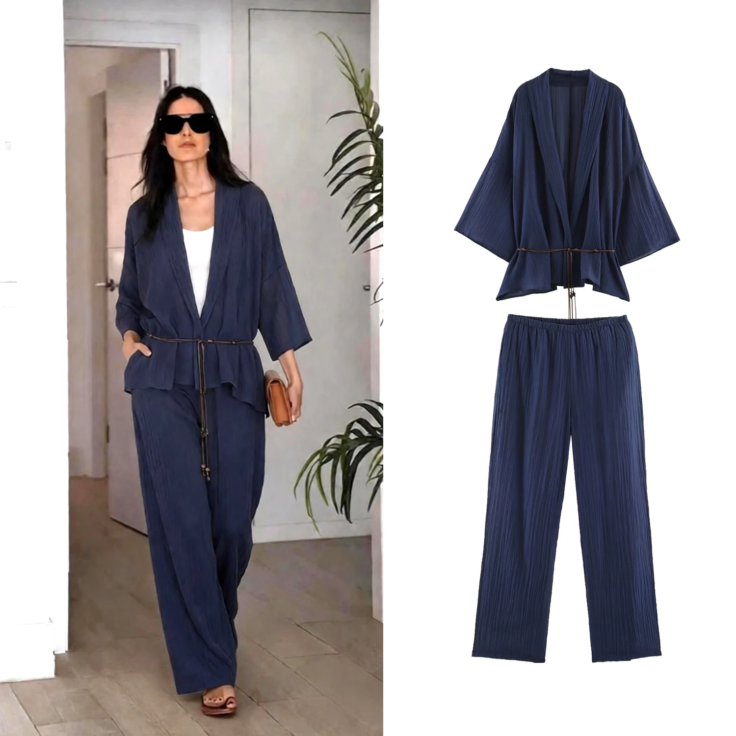 Women's Fashion Dark-Blue Pants Set Or Spring Autumn Female Long Sleeve V-Neck Bead Lace-Up Shirt Tops Or Lady Wide Leg Trousers