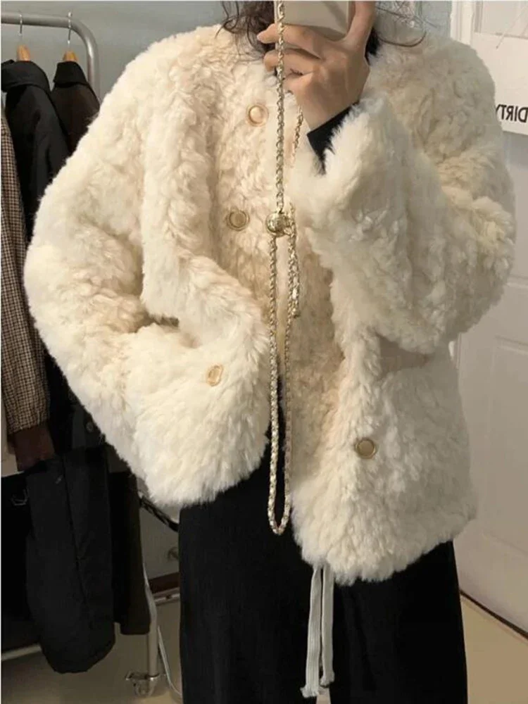 

2023 Winter New Loose Wool Warm Jacket Coat Mid Length Faux Fur Sheepskin Parka Single Breasted Winter Fluffy Overcoat