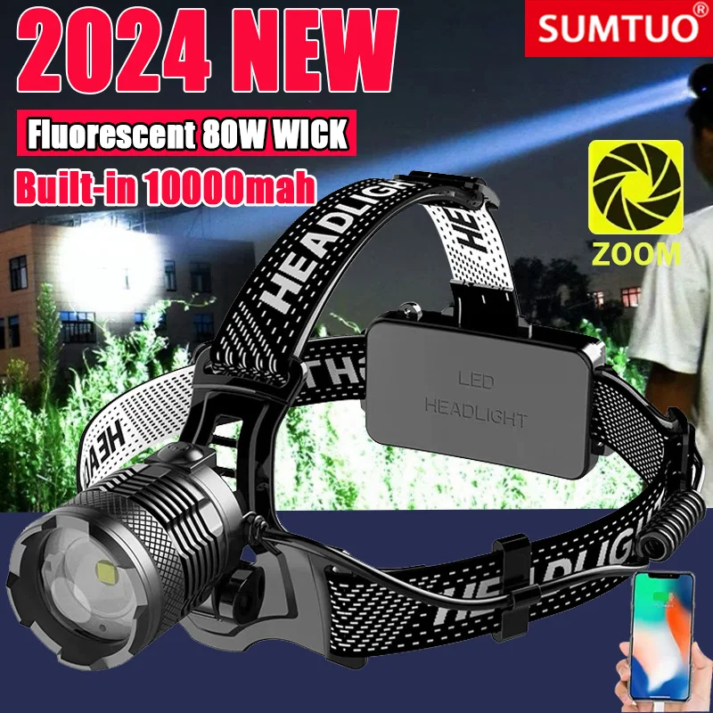 2024 Newest Powerful LED Headlamp 800W LED IR Sensor Rechargeable Headlight 3500M Super Bright Head Flashlight Fishing Lantern