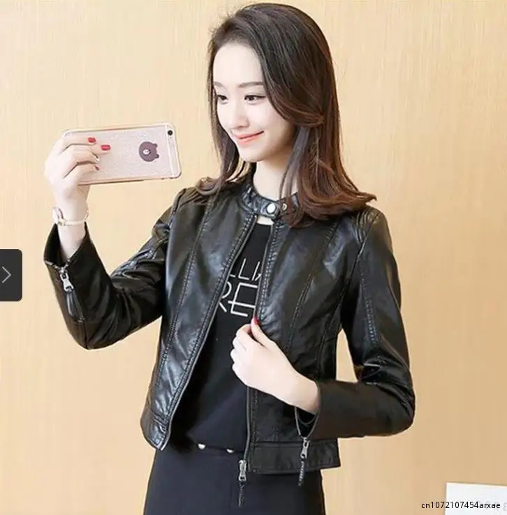 New Ladies Slim Faux Leather Jacket Stand-Up Collar Long Sleeve Overcoat Zipper Cardigan Short Coat abrigos mujer invierno 2023