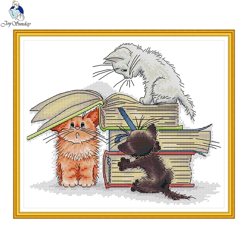 Joy Sunday Cross Stitch Kits 11CT 14CT Embroidery Painting Book-loving kitten DMC Printed Canvas DIY Handmade Home Decor