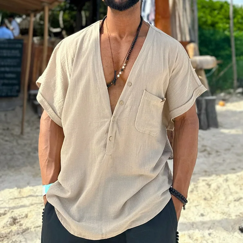 

Spring And Summer New Men's Casual Shirt, Solid Color V-neck Button-down Simple Trendy Top