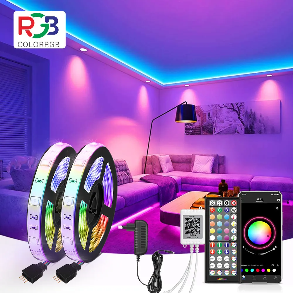 (Enchufe de la UE) Tira de luz LED RGB 5050 sincronización de música micrófono incorporado sensible que cambia de color, luces LED de aplicación DC12V Flexible