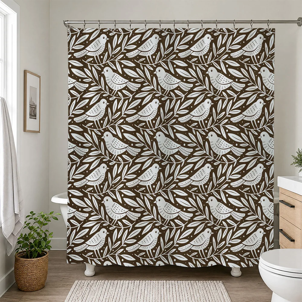 Rustic Woodland Bird Shower Curtain Waterproof Bathroom Decor Natural Leaf Pattern Cottagecore Home Decoration for Master Bath