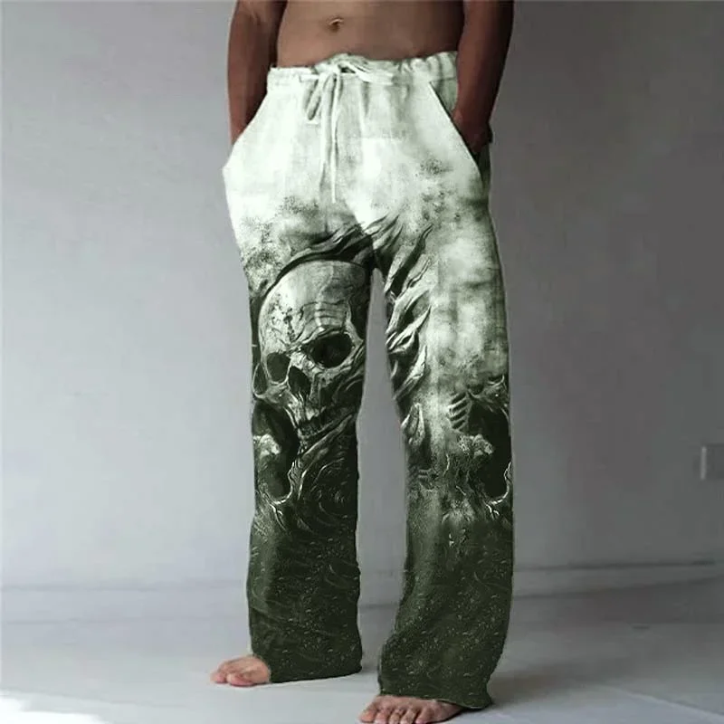 Zomer Nieuwe Schedelprint Heren Casual Broek Comfortabele Bamboe Linnen Materiaal Losse Wijde Pijpen Broek Dagelijks Trekkoord Stijl