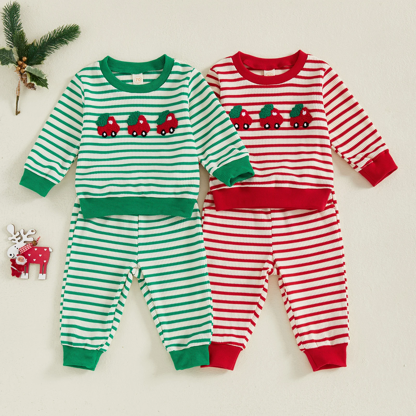 

Lioraitiin Toddler Baby Girls Boys Christmas Outfit Car Embroidered Striped Crew Neck Long Sleeve Pullover and Pants 2Pcs Set