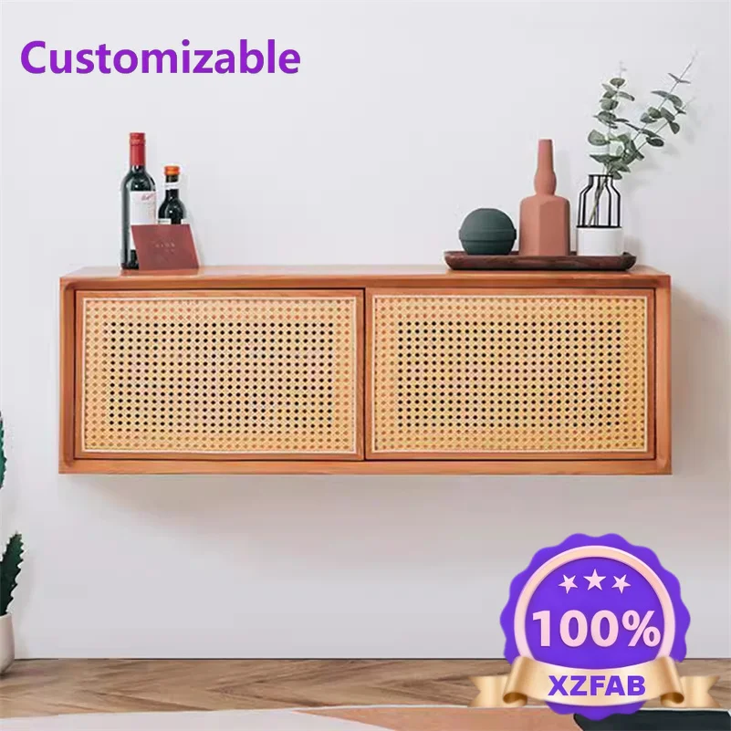Factory Direct 2026 Solid wood rattan hanging cabinet sliding door bedroom wall cabinet