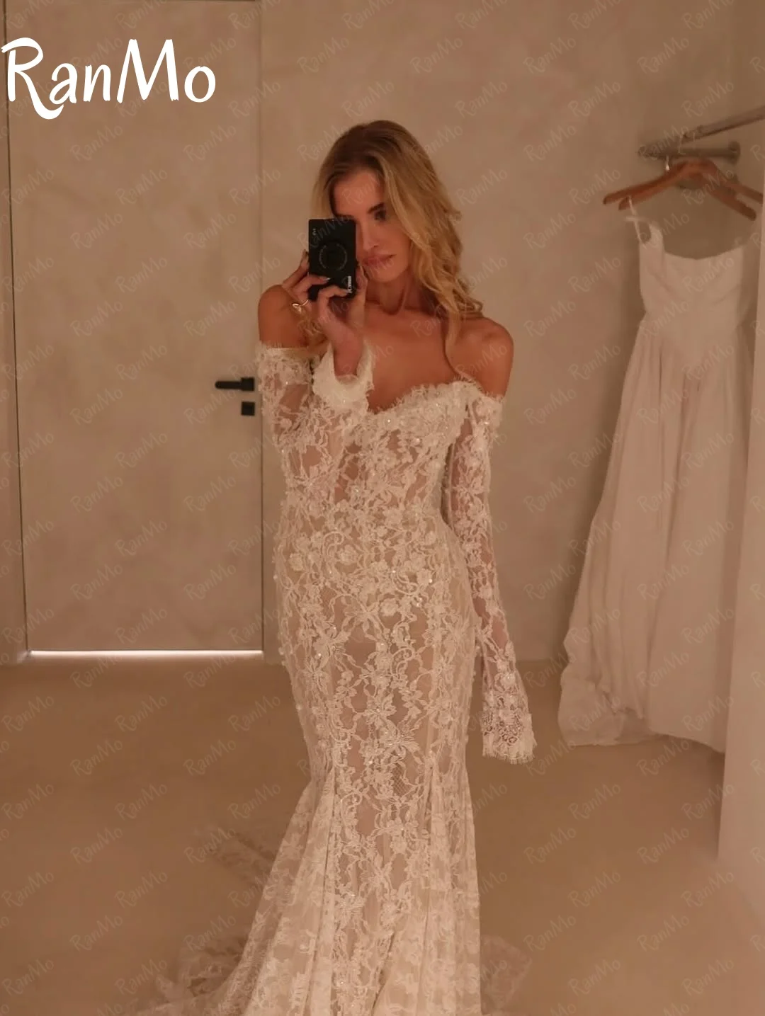 فستان زفاف حورية البحر الرائع من Ranmo بدون أكتاف مطرز بالخرز من الدانتيل فستان زفاف بأكمام كاملة مخصص ذيل محكمة فيستدوس دي نوفيا #4