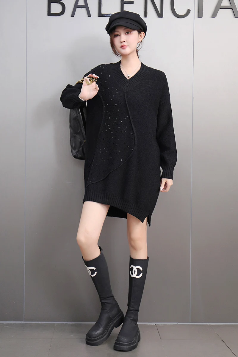 2024 Autumn Winter New Elegant V Neck Sweater Loose Long Sleeve Thick Warm Knitted Sweater for Women J615