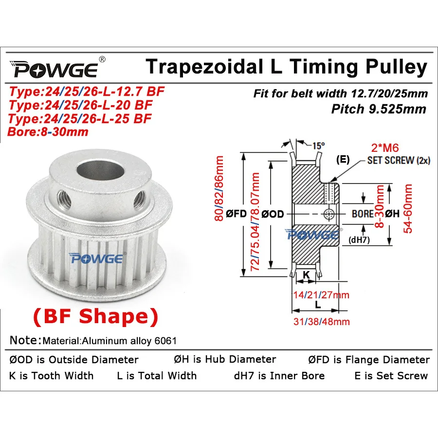 POWGE 24 25 26 teeth L Timing Pulley Bore 12/14/15/16/17/18/19/20/22/24/25/28/30mm for Belt width 13/20/25mm 24T 25T 26T
