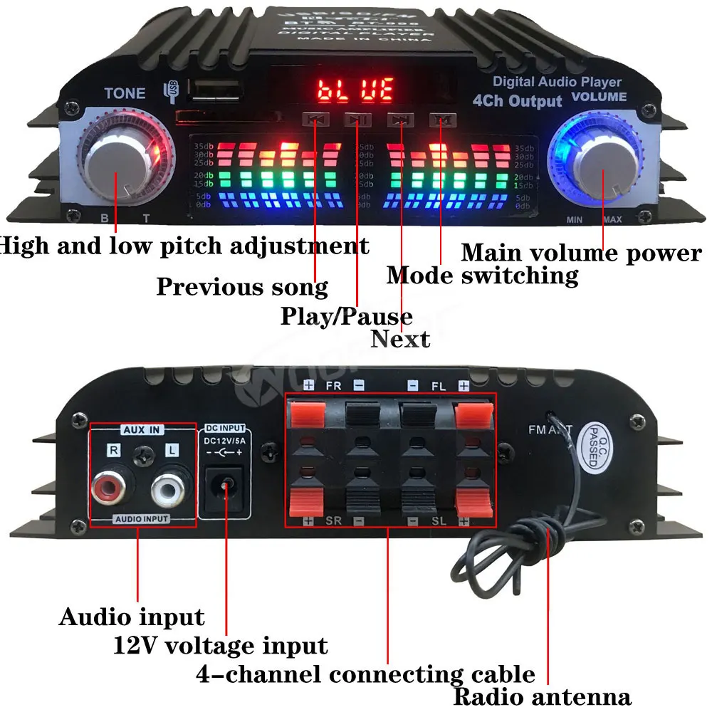 Woopker HIFI Audio Amplifier 4-Channel Digital Sound Amp Bluetooth 5.0 for Home Audio Systems, Cars, Karaoke Supports USB SD AUX