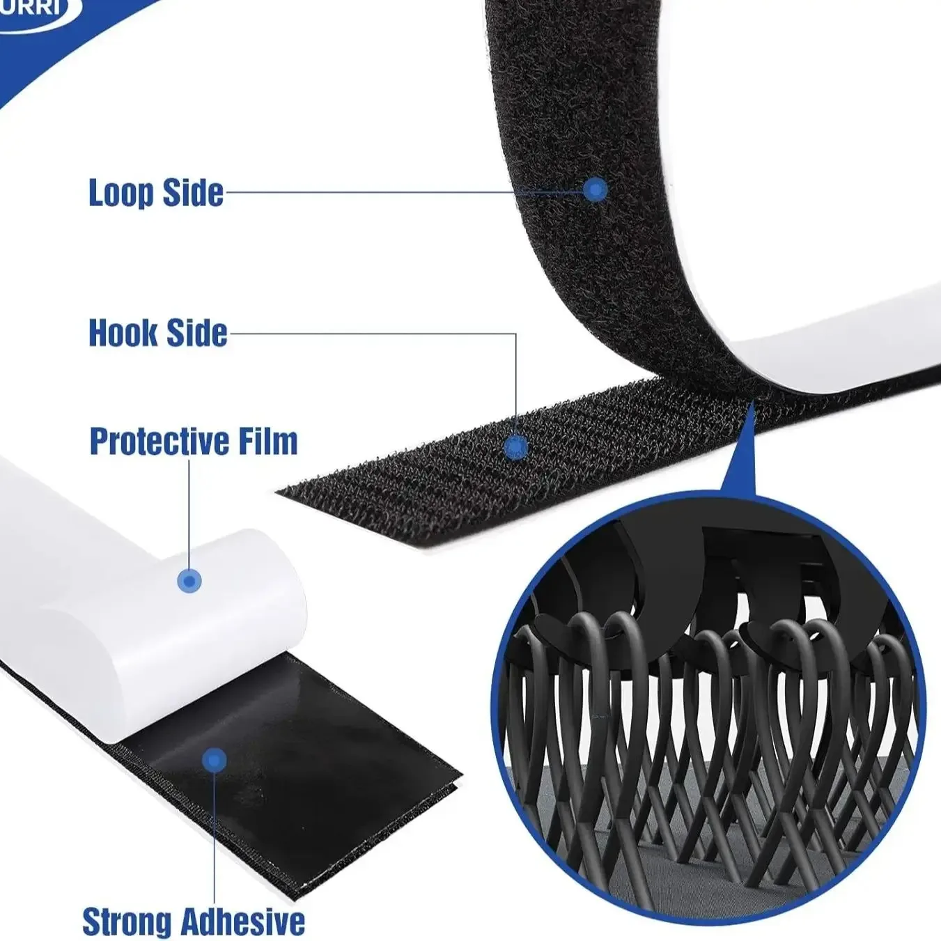 1/5m Schwarzes Doppelseitiges Selbstklebendes Starkes Spurloses Hitzebeständiges Klettband – Detail 4
