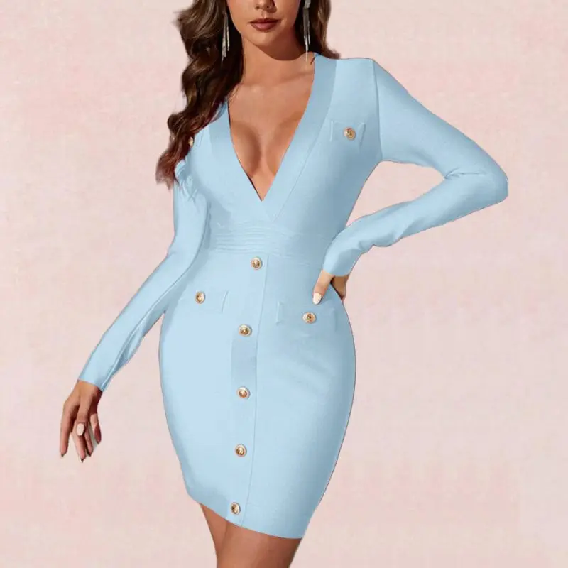 

HQBORY 2024 winter Women sexy deep v-neck Mid-length bandage dress button Long-sleeves bodycon Party dresses sky blue