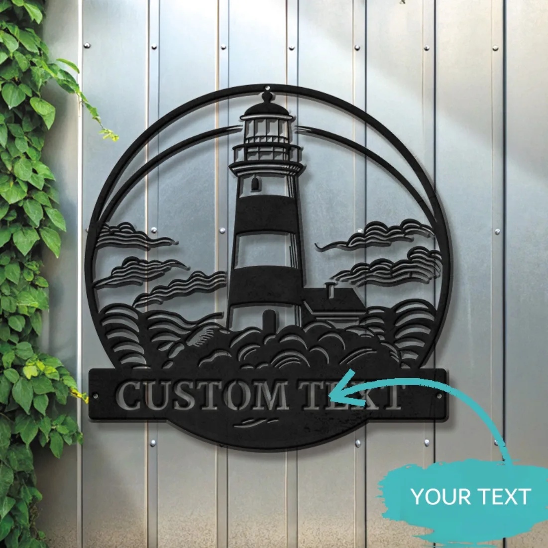 

Personalized Lighthouse Metal Wall Art - Tailored Nautical Coastal Decor | Custom Text Option for Home & Beach House Adornment.