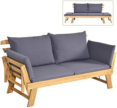 Convertible Acacia Wood Patio Couch Sofa Bed with Adjustable Armrest, Outdoor Daybed with Cushion & Pillows, Outside