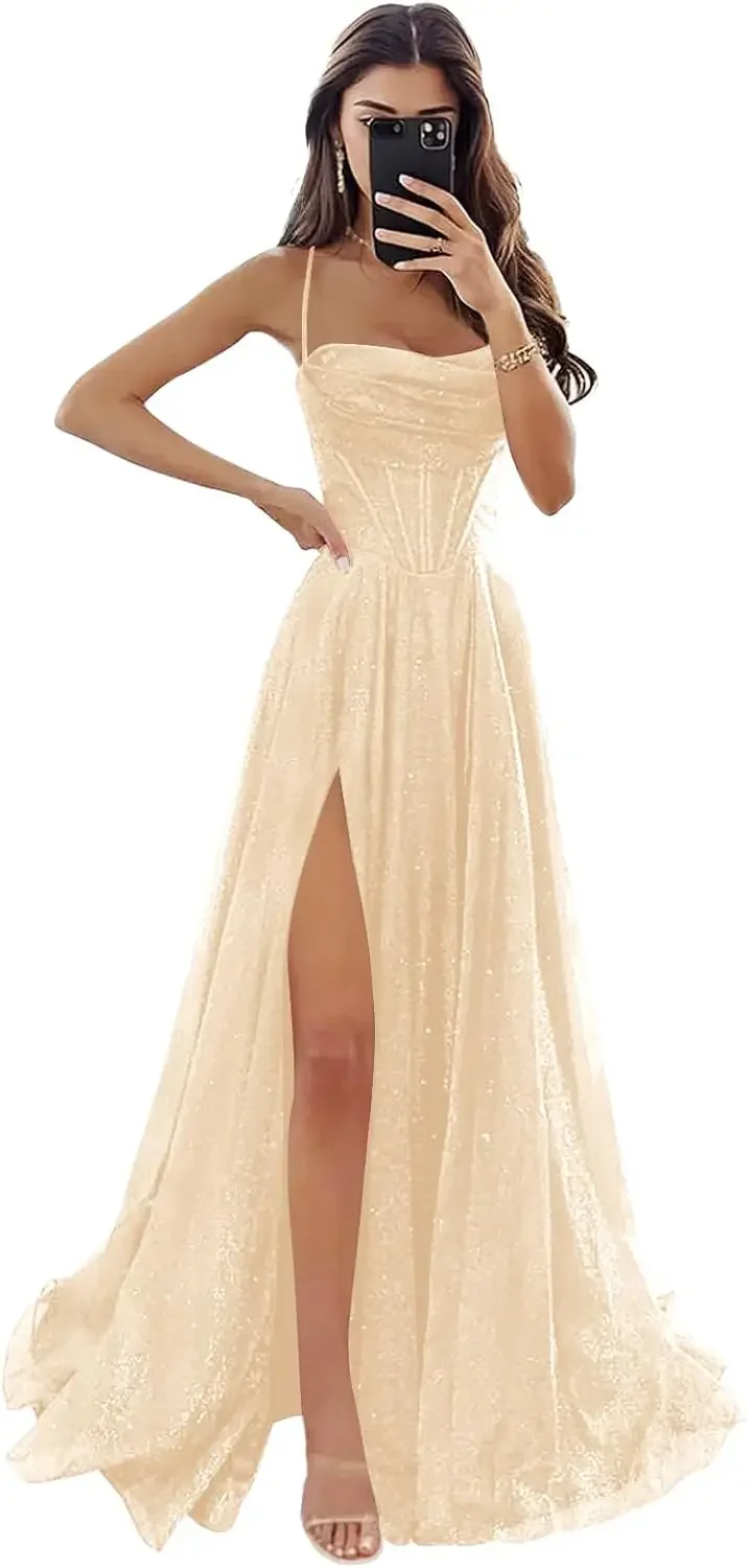 Tulle Prom Dresses with Slit Cowl Neck Long Formal Evening Party Gown Party Dress Women's Spaghetti Straps Glitter image 5