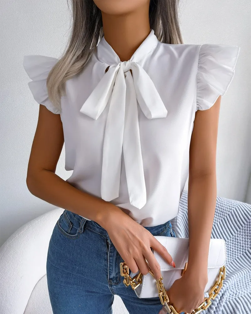 

Summer Solid Bow Short Sleeve Elegant Shirt For Women 2024 Fashion Ruffle Stand Collar Shirts Slim Blouse Office Bluzas Femenina