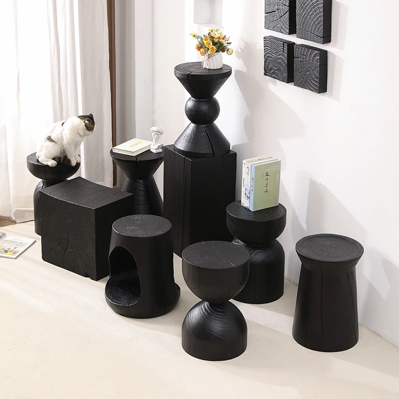 Wabi-Sabi Charred Wood Side Table Handcrafted Tree Stump Stool with Natural Texture Bedside Coffee Table for Home Decor