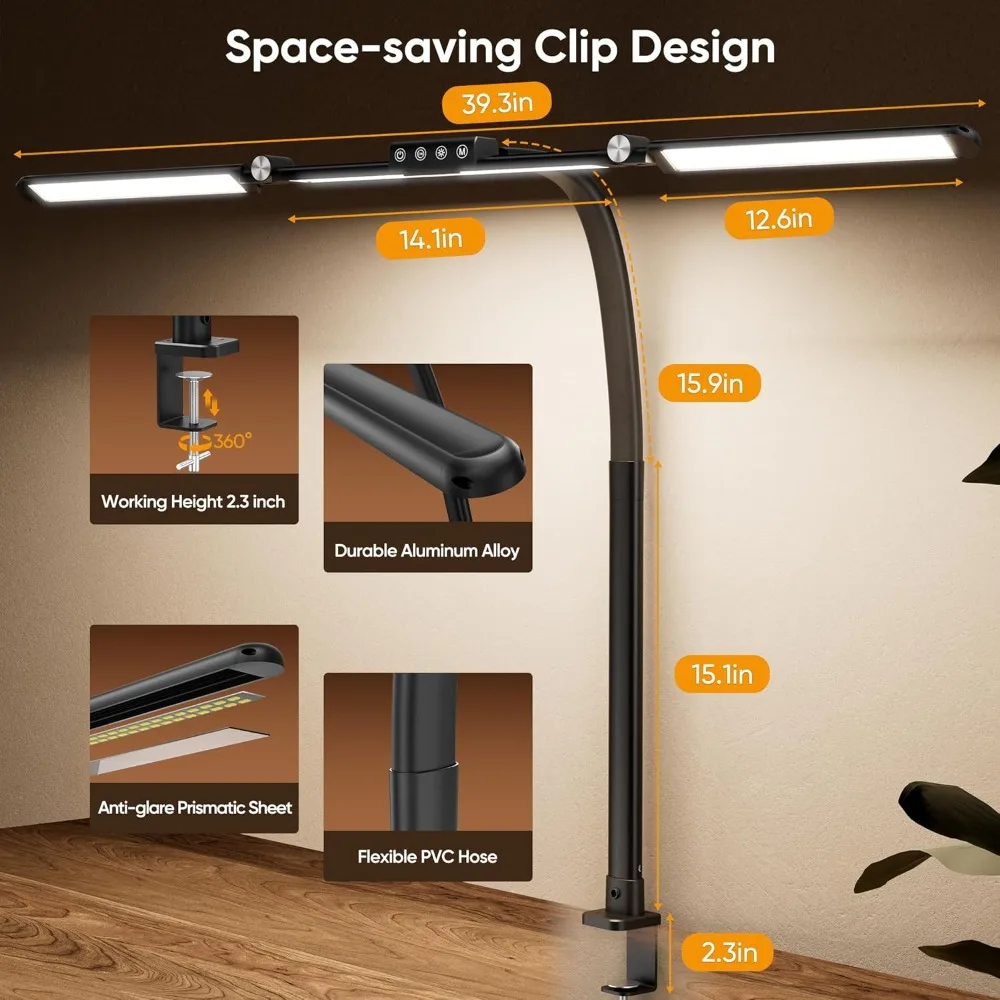Ultraheldere LED-bureaulamp met klem voor thuiskantoor, 24W verstelbare helderheid, oogzorgontwerp