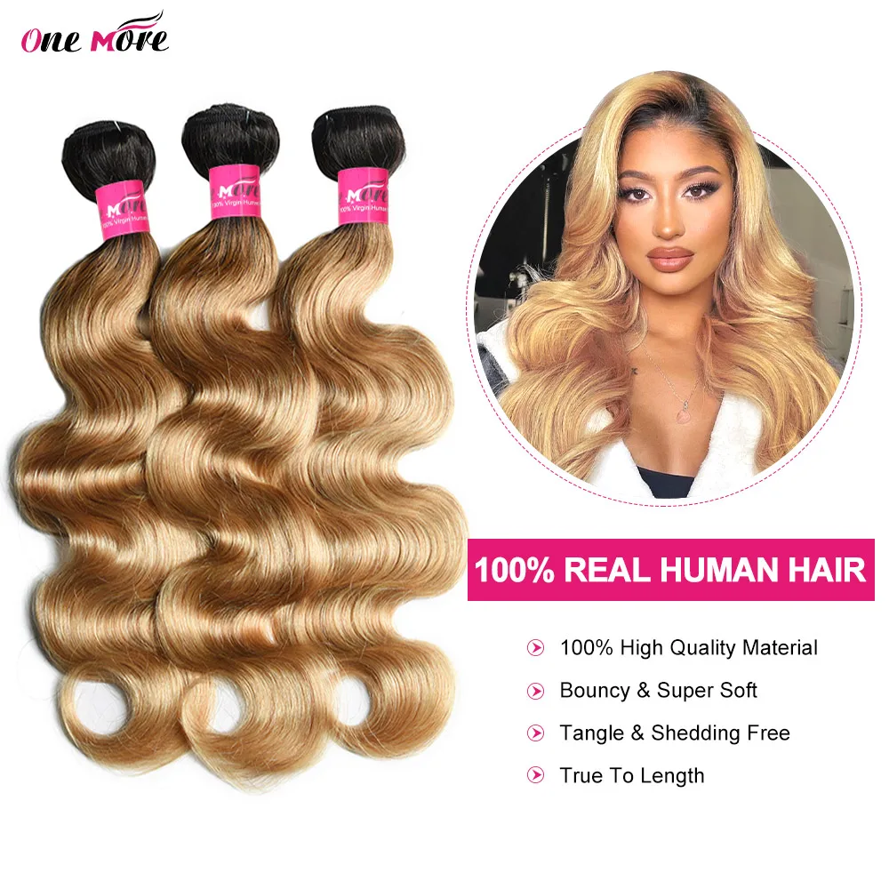 Mèches Body Wave 100% naturelles avec closure, couleur blond miel 1B 27, 4x4 pouces, partie libre