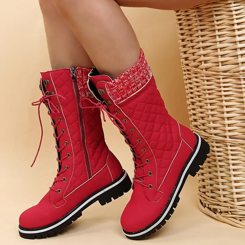 Women Plush Mid-calf Platform Boots 2023 Winter New Designer Warm Snow Boots Ladies Furry Lace Up Platform Shoes Botas De Mujer