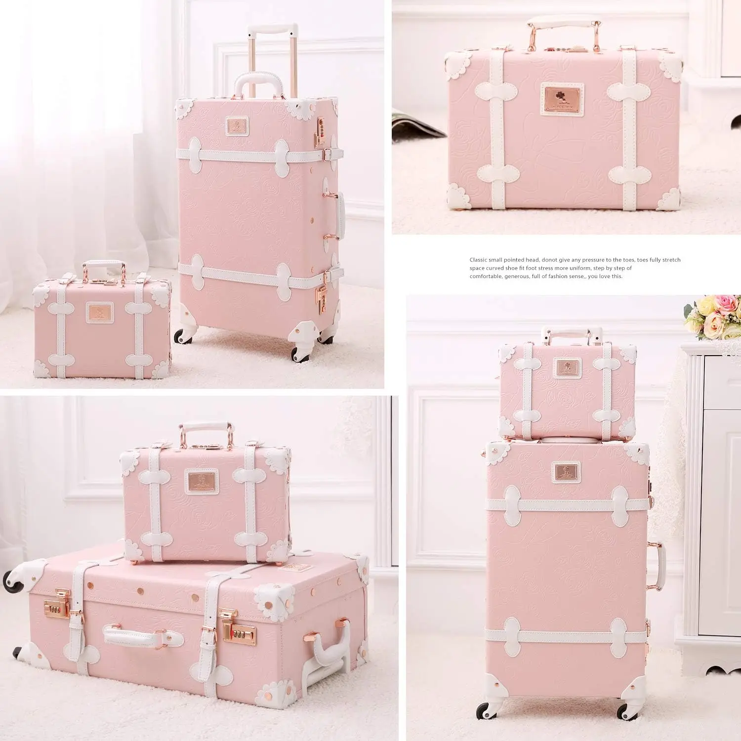 travel 2 Piece Vintage Luggage Set, 20 Inch Handmade Faux Leather Carry On Suitcase For Women With 12 Inch Cosmetic Train