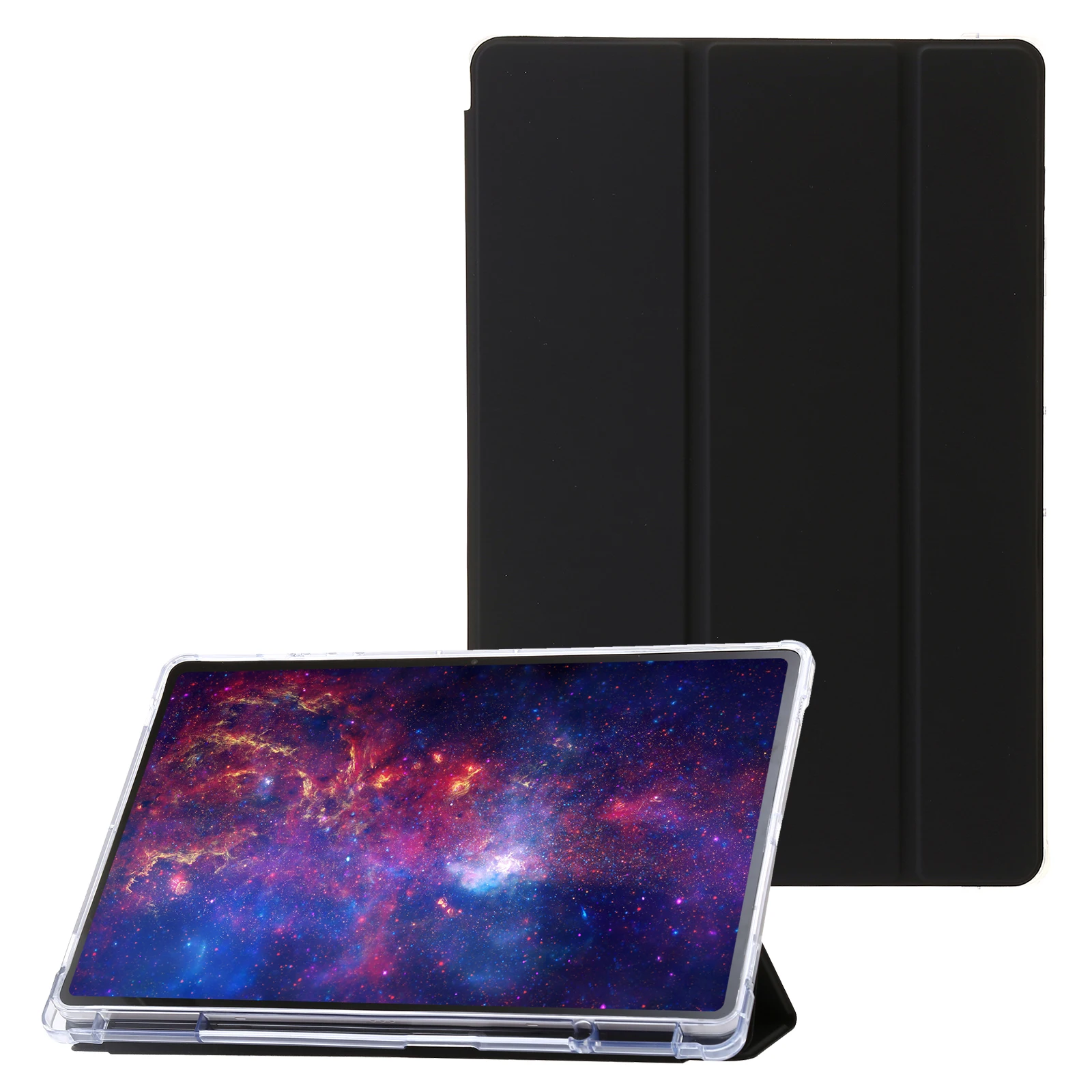 

Для Samsung Galaxy Tab S9 Ultra Tri-fold Stand Folio Smart Case из искусственной кожи + акрила + ТПУ, прозрачный чехол для планшета - черный