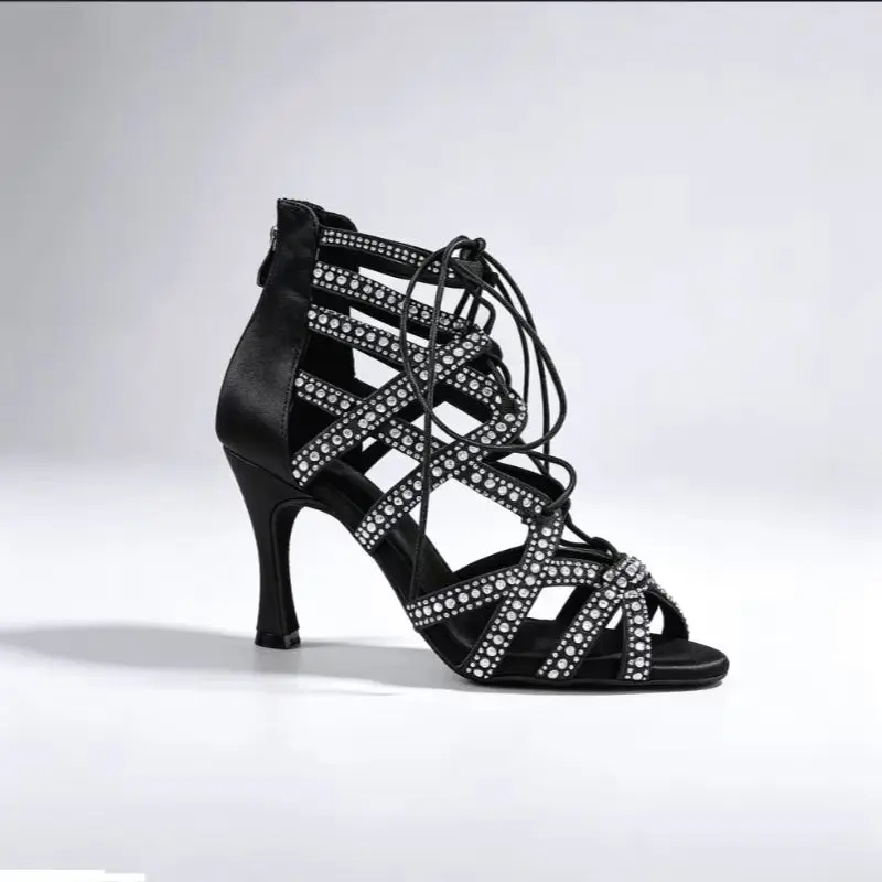 Evk Women Black Rhinestone Latin Dance Shoes Peep Toe Lace Up Back Zipper Salsa Ballroom Tango Suede Sole Party Dancing Footwear